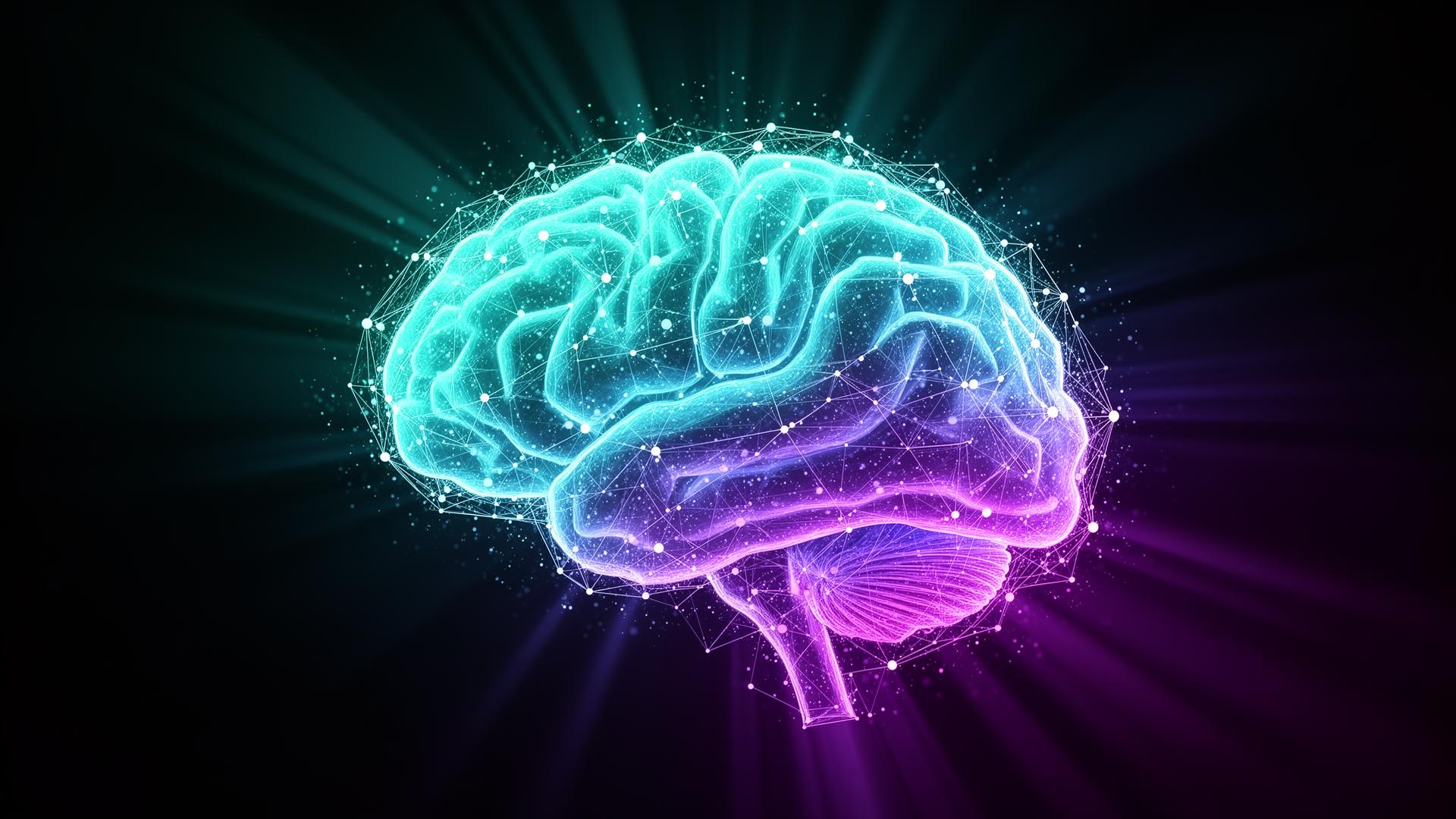 Futuristic AI neural network with cyan and purple glow