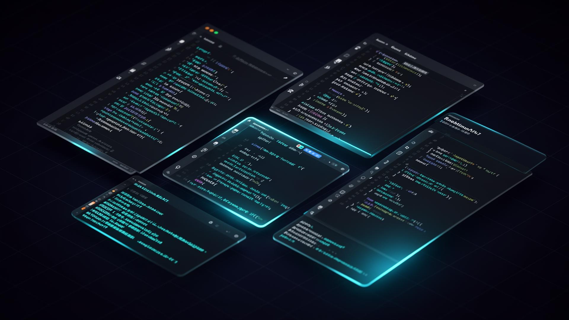 Developer coding environment with neon cyan glow
